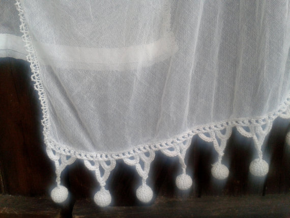 Antique 1900 's Handmade French Tulle Curtain with Lace & Pom Pom - Cotton - White - Window , Furniture Curtain - French Linens - Lace Trim $58 from Etsy shop Sophie Lady DeParis